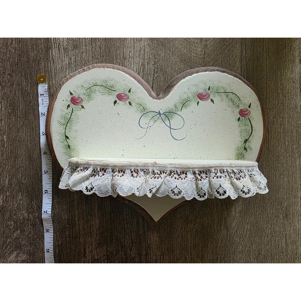 Vintage Cottagecore Wooden Heart Wall Shelf Hand Painted Roses Lace Trim 11x9